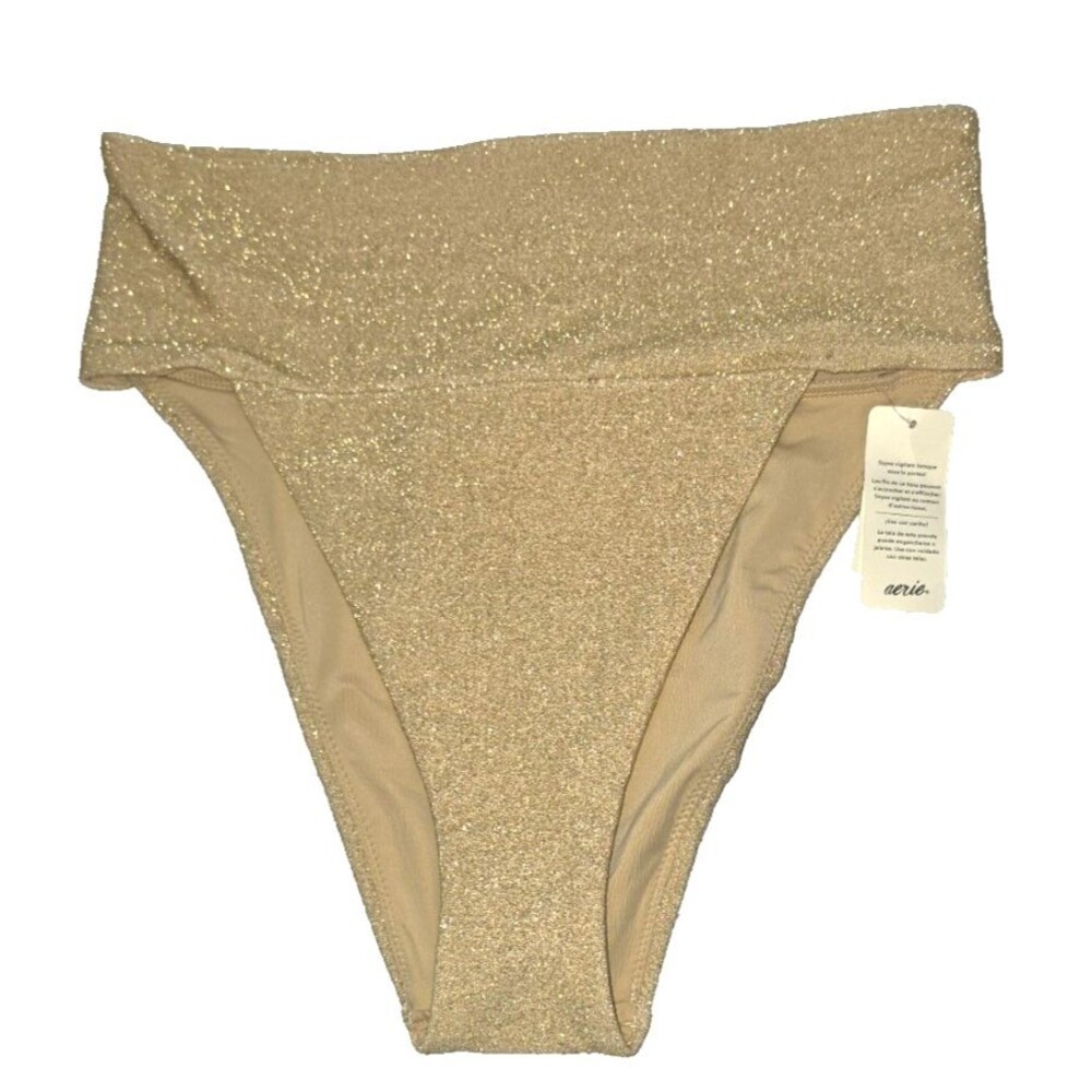 Aerie High Cut Cheeky Swim Bathing Suit Bottom Size Medium M NEW $29.95 Gold